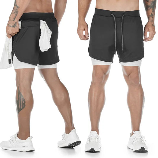 Mens 2 In 1 Quick Drying  Workout Gym Jogging Running Shorts